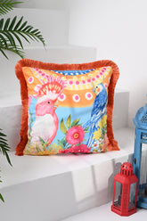 Decorative Watercolor Drawing Parrot Pattern Digital Printed Velvet Cushion Cover with Fringes